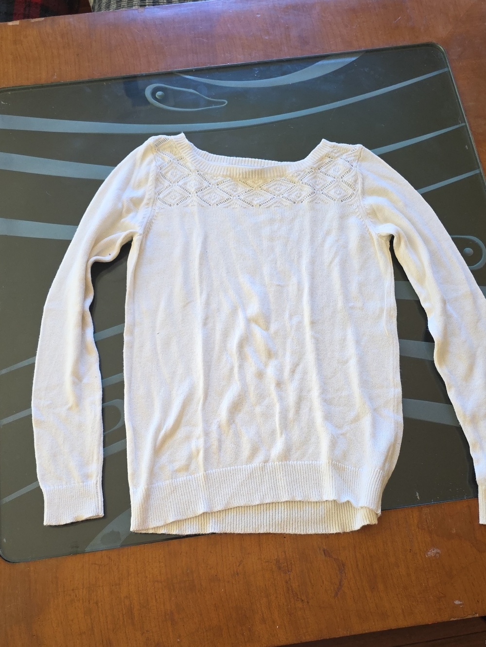 LOFT Cream Scoop Neck Knit Sweater with Textured Yoke